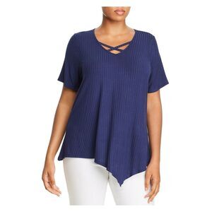 CHENAULTE Womens Navy Ribbed Short Sleeve Keyhole Hi-Lo Top Plus 1X